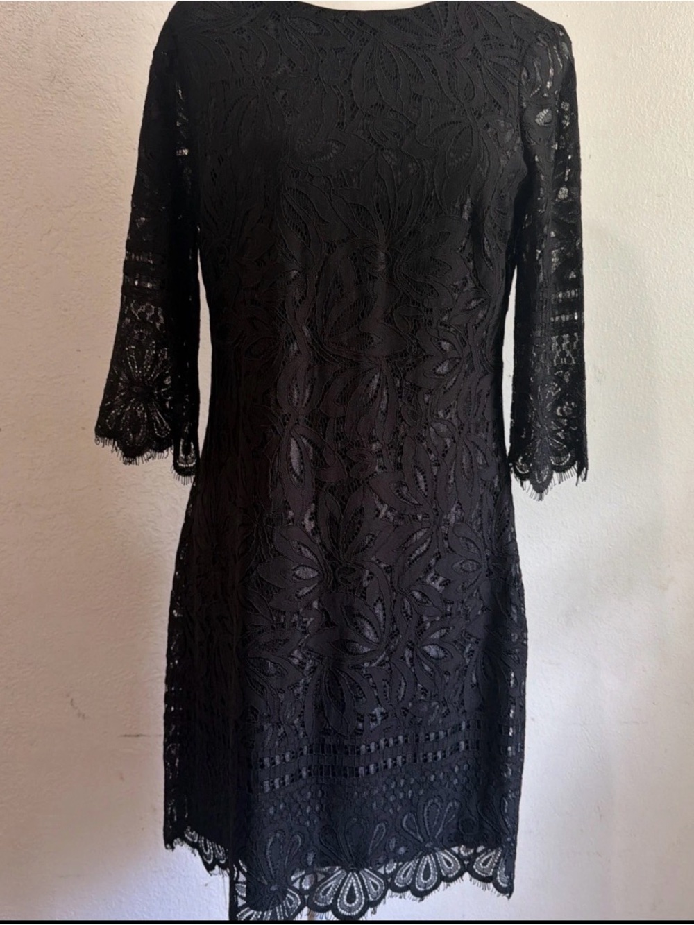 Kensie Black Lace sheath Midi Dress with Scalloped Hem witchy Whimsigoth Sz10